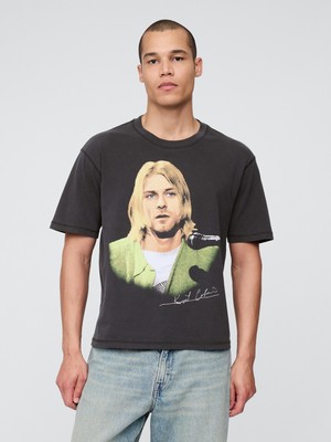 Gap Erkek Siyah Kurt Cobain Relaxed Crop Grafik T-Shirt