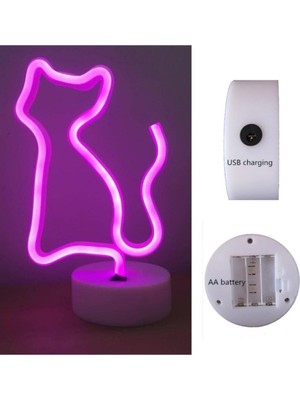 Pembe Kedi Neon LED Işıklı USB ve Pilli Masa Gece Lambası