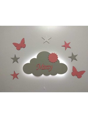 Pembe Ahşap Bulut Işıklı Gece Lambası Seti, Çocuk Odası Dekorasyonu