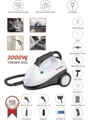 Torima Buharlı Temizleyici Halı Koltuk Cam Zemin ve Mutfak Temizleme Buhar Makinesi TSC01 Siyah