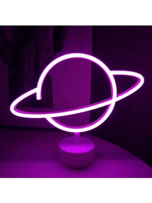 Pembe Saturn Gezegen Neon Lamba, Pilli LED Işık, Renkli ve Şık Dekoratif Aydınlatma