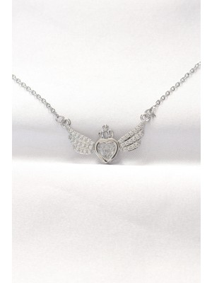 316L Çelik Silver Renk Zirkon Taşlı Kalpli Kanat Kolye