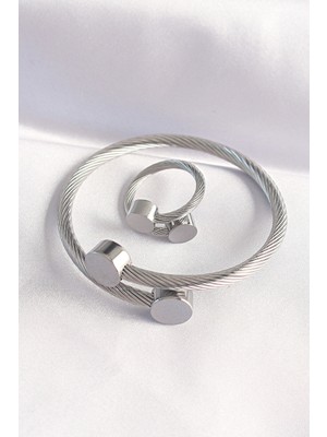 316L Çelik Gümüş Renk Oval Aksesuarlı Burgu Model Bileklik ve Yüzük Kombini
