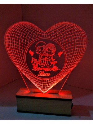 Kalpli Love Temalı 3D LED Gece Lambası, Sevgiliye Hediye, Kırmızı Renkli Masa Lambası