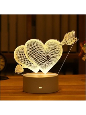 3D LED Gece Lambası, Kalp Tasarımı, Sıcak Sarı Işık, Şık ve Dekoratif Gece Aydınlatması
