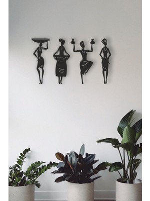 Ahşap Duvar Dekoru, Afrikalı Kadınlar, 4'lü, 40X23 Cm, Siyah Renk