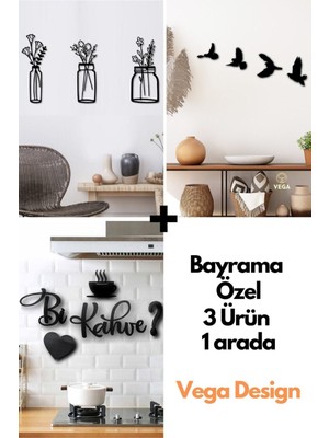 3 Parça Saksı, Kahve ve Kuş Duvar Dekoru Seti, Siyah Renkli 3'lü Kombinasyon