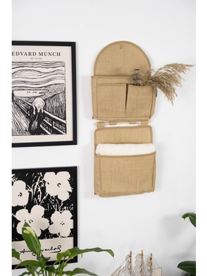 Bej 2 Katlı 4 Cepli Jüt Duvar Dolabı, Banyo ve Ofis Için Kullanışlı Organizer