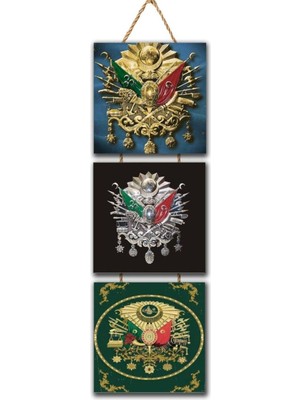 Renkli Osmanlı Tuğrası Üçlü Ahşap Poster Dekoratif Tablo