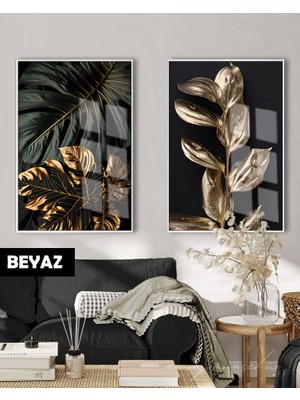 Harikabirev|( Leaf ) Siyah&gold Set Yaprak Kombini |çerçeveli Cam Tablo 2li Dikey