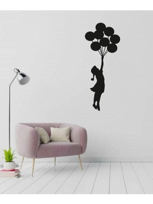 Ahşap Dekoratif Duvar Tablosu Uçan Balonlu Kız Tasarımı Siyah