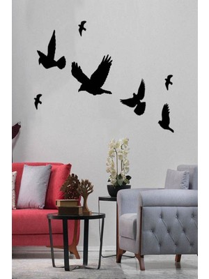 Siyah Ahşap Dekoratif Kuş Seti, 7 Parça, Şık ve Doğal Dekorasyon.