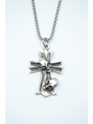 Bu Farklı Kuru Kafa Haç Örme Zincir Kolye - Gümüş Kaplama - Erkek Kadın Kolye - NO:1430