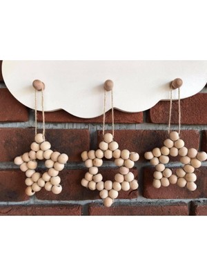 Bej Renkli 3'lü Ahşap Boncuklu Yıldız Dekoratif Set