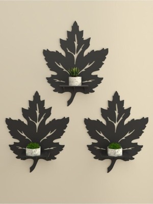 Siyah Ahşap Yaprak Raf Seti, 3'lü, Şık ve Modern Dekoratif Seçenek