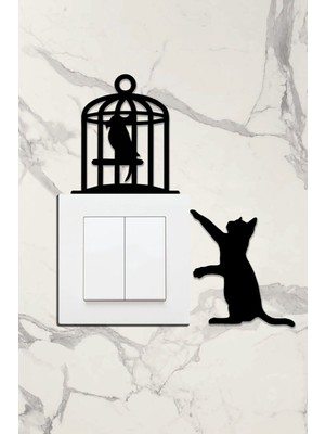 Ahşap Priz Çerçevesi, Kuş ve Kedi Teması, Şık ve Doğal Tasarım