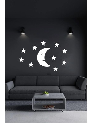 Bebek ve Çocuk Odası Ahşap Duvar Dekorasyon Süsü, Beyaz Renk, 10 Yıldız Detaylı