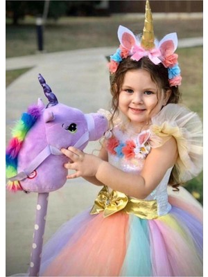 Renkli Kız Çocuk Unicorn Tarlatanlı Tütü Elbise ve Taç Seti