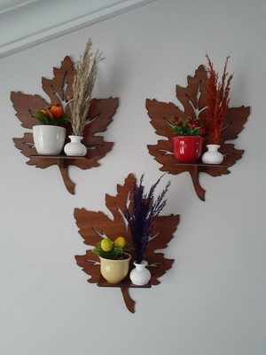 3'lü Ahşap Duvar Süsü Rafı Yaprak Mumluk Dekor Tablo Obje Kahverengi