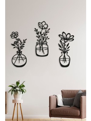 Ahşap Dekoratif Duvar Vazo, Çiçekler, Ev Ofis Mutfak, 35X15CM, Siyah