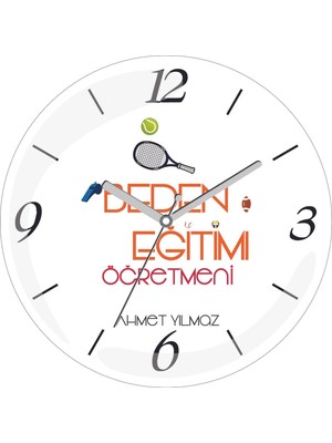 Kişiye Özel Beden Eğitimi Öğretmeni Raket Tenis Çap 30 Bombeli Gerçek Cam Duvar Saati