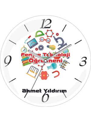 Kişiye Özel Fen ve Teknoloji Öğretmeni Lam Çap 30 Bombeli Gerçek Cam Duvar Saati