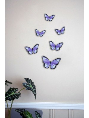 Mor Kelebek Figürlü Ahşap Duvar Süsü, 6 Parçalı Şık Dekorasyon Ürünü