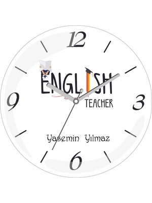 Kişiye Özel English Teacher Mezun Çap 30 Bombeli Gerçek Cam Duvar Saati