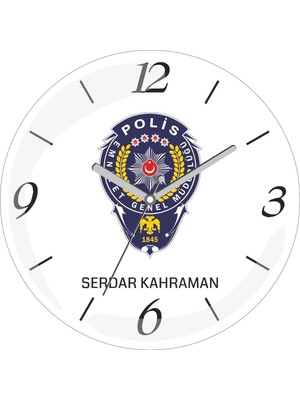 Kişiye Özel Polis Logolu Çap 30 Bombeli Gerçek Cam Duvar Saati