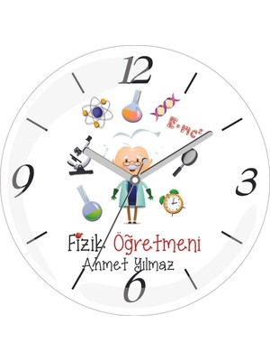 Kişiye Özel Fizik Öğretmeni Atom Çap 30 Bombeli Gerçek Cam Duvar Saati