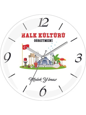 Kişiye Özel Halk Kültürü Öğretmeni Çap 30 Bombeli Gerçek Cam Duvar Saati
