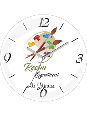 Kişiye Özel Resim Öğretmeni Fırça Çap 30 Bombeli Gerçek Cam Duvar Saati