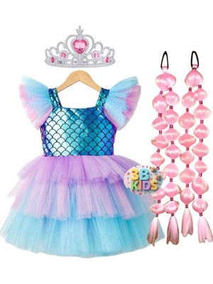 Kız Çocuk Deniz Kızı Kabarık Elbise ve Saç Taç Seti, Doğum Günü ve Parti Için.