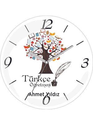 Kişiye Özel Türkçe Öğretmeni Ağaç Çap 30 Bombeli Gerçek Cam Duvar Saati