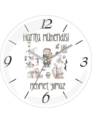 Kişiye Özel Harita Mühendisi Teması Çap 30 Bombeli Gerçek Cam Duvar Saati