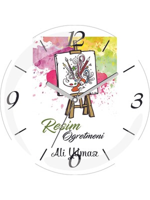 Kişiye Özel Resim Öğretmeni Ressam Sanat Çap 30 Bombeli Gerçek Cam Duvar Saati