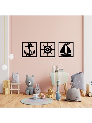 Şık Siyah Dekoratif Çapa ve Dümen Yelkenli Tablo Seti, Lazer Kesim Tasarım