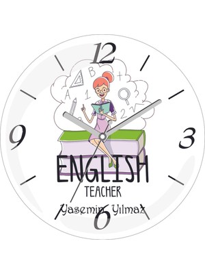 Kişiye Özel English Teacher Düş Çap 30 Bombeli Gerçek Cam Duvar Saati