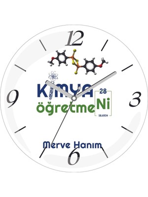 Kişiye Özel Kimya Öğretmeni Nikel Çap 30 Bombeli Gerçek Cam Duvar Saati