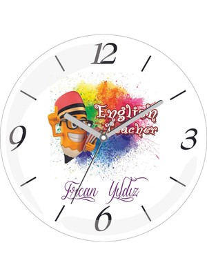 Kişiye Özel English Teacher Renkli Çap 30 Bombeli Gerçek Cam Duvar Saati