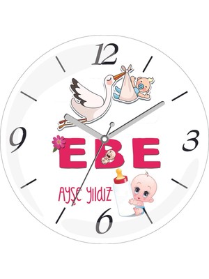 Kişiye Özel Ebe Leylek Bebek Çap 30 Bombeli Gerçek Cam Duvar Saati