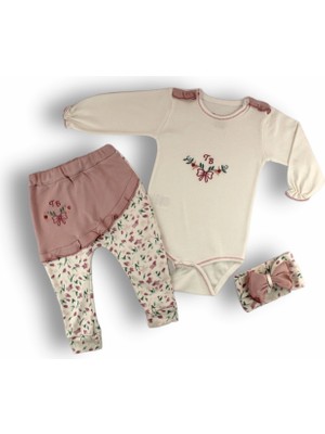 3-6 6-9 9-12 Ay Tb Çiçek Nakışlı Bandanalı Uzun Kollu Zıbınlı 3lü Kız Bebek Takımı Ekru