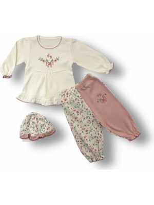 3-6 6-9 9-12 Ay Tb Çiçek Nakışlı Şapkalı Uzun Kollu Sweatli 3lü Kız Bebek Takımı Ekru