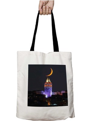 Siyah Kulplu Gece Istanbul Galata Kulesi Yıkanabilir Okul Omuz Çanta