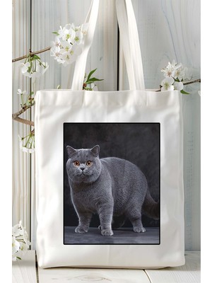 British Shorthairt Kedi Baskılı Bez Çanta Omuz Çantası Kişiye Özel Model 3