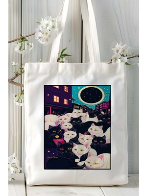 Retro Kedi Baskılı Bez Çanta Omuz Çantası Kişiye Özel Model 12