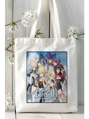 Genshin Impact Mobil Oyun Baskılı Bez Çanta Omuz Çantası Çift Tafaflı Baskı Kişiye Özel 6