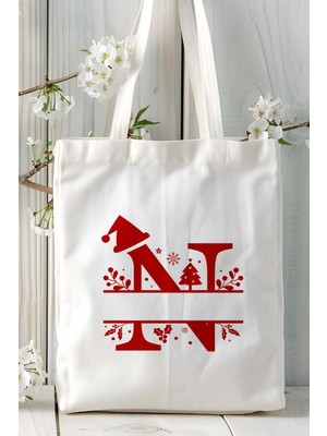 N Harfi Yeni Yıl Noel Yeniyıl Isimli Baskılı Bez Omuz Çantası Çift Taraflı Kişiye Özel Model 16