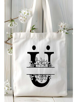 Ü Harfi Isimli Çiçekli Yeniyıl Isimli Baskılı Bez Omuz Çantası Çift Taraflı Kişiye Özel Model 26