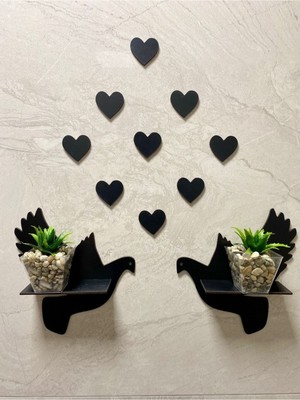 Şık Ahşap Güvercin ve Kalp Duvar Dekoru Seti, Siyah Renk, 12 Parça
